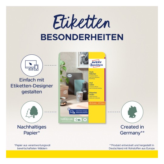 Obraz przedstawia przegląd produktu owalnych etykiet Avery Zweckform, podkreślając takie cechy jak łatwe projektowanie przy użyciu projektanta etykiet, zrównoważony rozwój i produkcję w Niemczech.