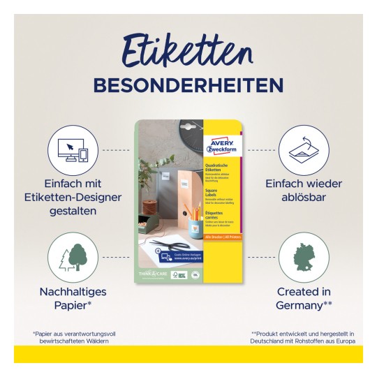 Obraz przedstawia etykietę produktu dla kwadratowych etykiet od Avery Zweckform. Podkreśla ich cechy, takie jak łatwe projektowanie za pomocą narzędzia online, usuwalny klej, papier ekologiczny oraz fakt, że są wyprodukowane w Niemczech.