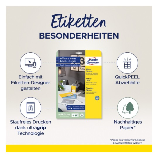 Obraz przedstawiający opakowanie etykiet Avery z cechami takimi jak łatwe projektowanie, asystent QuickPEEL i zrównoważony papier. Produkt jest promowany do użytku biurowego i domowego z kompatybilnością drukowania.