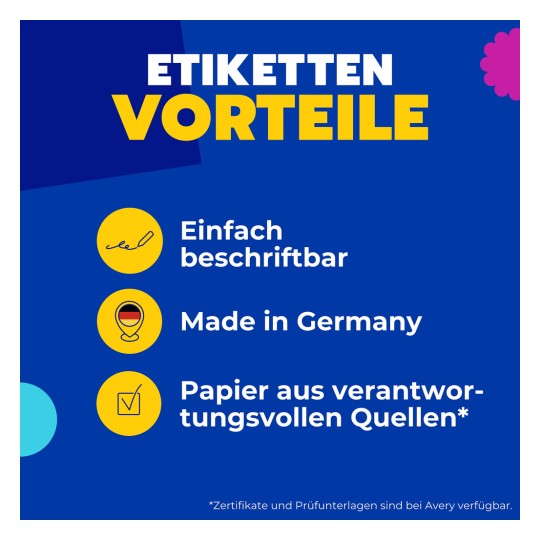 Obraz przedstawia opakowanie etykiet firmy Avery Zweckform. Podkreśla cechy takie jak "Łatwe do pisania" i "Wyprodukowane w Niemczech". Opakowanie jest oznaczone jako zrównoważone i wykonane z papieru pochodzącego z odpowiedzialnych źródeł.