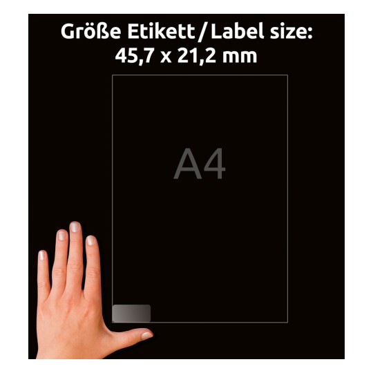 Porównanie wielkości z ręką, artykuł: J4720-25, arkusz etykiet adresowych, format: 45,7 x 21,2 mm, kolor: transparentny.