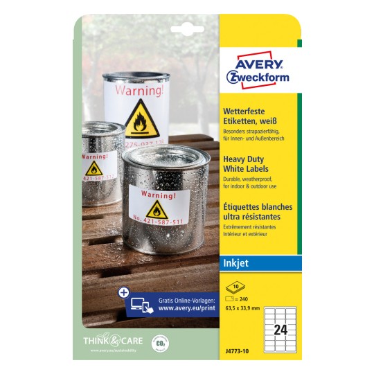Opakowanie: Avery Zweckform wodoodporne etykiety foliowe do drukarek atramentowych, artykuł: J4773-10, format: 63,5 x 33,9 mm, przystosowanie do drukarki: atramentowa, zawartość: 240 etykiet / 10 arkuszy, 24 etykiety/arkusz