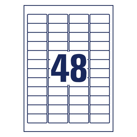 Rysunek wykroju pojedynczego arkusza A4, artykuł: J4778-10, odporne na warunki atmosferyczne etykiety foliowe, format: 45,7 x 21,2 mm, 48 etykiet/arkusz.