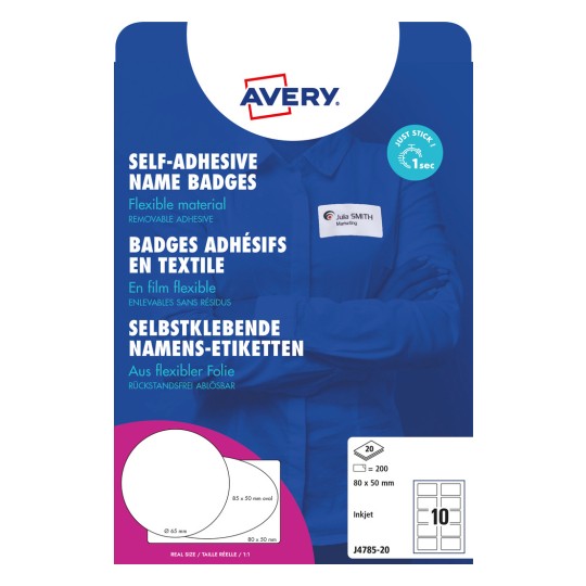 Opakowanie: Avery Zweckform, Artykuł: J4785-20, Format: 80 x 50 mm, Do druku: atramentowy, Zawartość: 200 etykiet / 20 arkuszy.