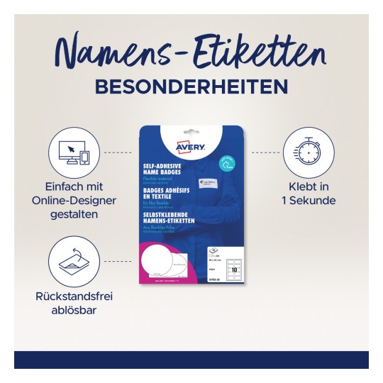 Obraz przedstawia opakowanie samoprzylepnych identyfikatorów imiennych marki Avery, podkreślając takie cechy jak łatwe projektowanie online, odrywana podkładka i szybkie przyklejenie w jedną sekundę.