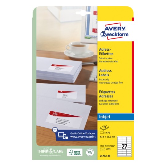 Opakowanie: Avery Zweckform białe etykiety wysyłkowe, do drukarek atramentowych, artykuł: J4792-25, format: 63,5 x 29,6 mm, do druku: atramentowe, zawartość: 675 etykiet / 25 arkuszy, 27 etykiet na arkusz.