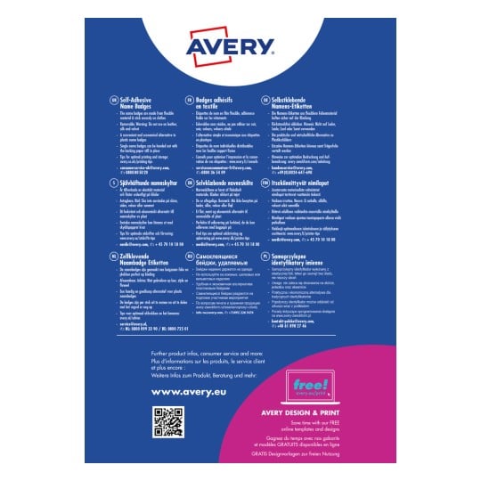 Obraz zawiera informacje o samoprzylepnych identyfikatorach imiennych Avery w wielu językach, opisujące ich cechy, wskazówki dotyczące użytkowania oraz dane kontaktowe do obsługi klienta.