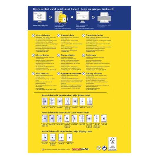Obraz jest grafiką informacyjną na temat projektowania i drukowania etykiet, w tym etykiet adresowych i wysyłkowych. Zawiera różne języki i dostarcza wskazówek, informacji o oprogramowaniu oraz wymiarów etykiet dla drukarek atramentowych i laserowych.