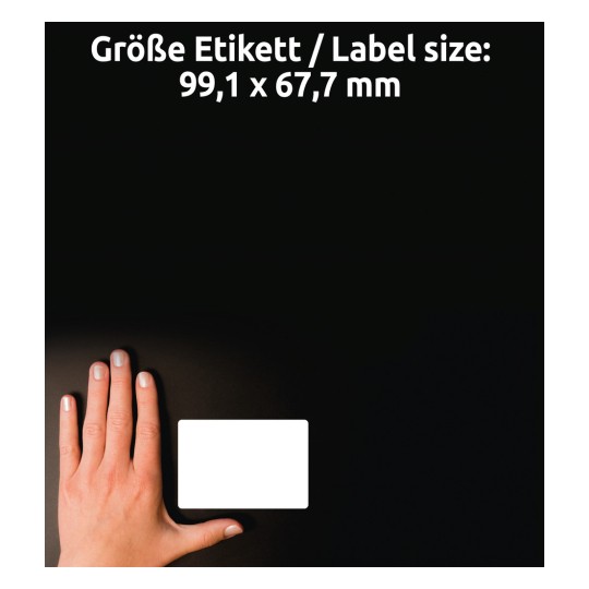 Porównanie wielkości z ręką, artykuł: J8165-25, jeden arkusz etykiet wysyłkowych, format: 99,1 x 67,7 mm, kolor: biały.