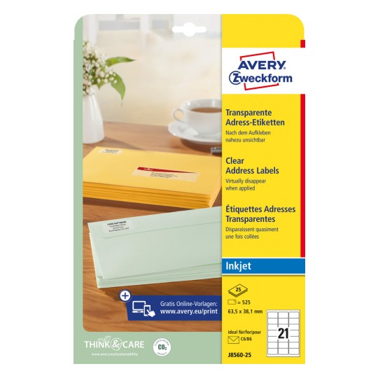 Opakowanie: przezroczyste etykiety wysyłkowe Avery Zweckform, do drukarek atramentowych, artykuł: J8560-25, format: 63,5 x 38,1 mm, kompatybilność z drukarką: atramentowa, zawartość: 525 etykiet / 25 arkuszy, 21 etykiet/arkusz.