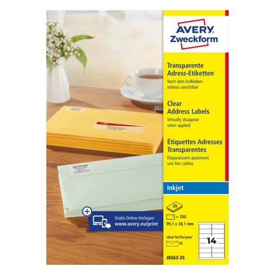Obrazek opakowania: Avery Zweckform Przezroczyste etykiety wysyłkowe, do drukarek atramentowych, artykuł: J8563-25, format: 99,1 x 38,1 mm, przeznaczenie do druku: atramentowe, zawartość: 350 etykiet / 25 arkuszy, 14 etykiet/arkusz.