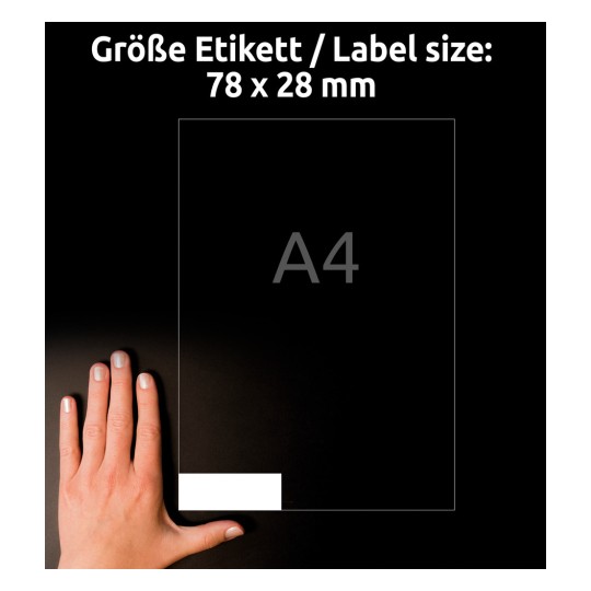 Porównanie wielkości z ręką, artykuł: J8871-5, jeden arkusz magnesów, format: 78 x 28 mm, kolor: biały.
