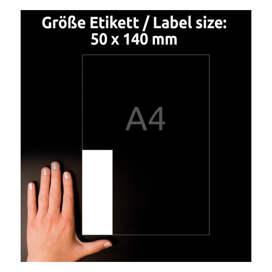 Porównanie wielkości z dłonią, artykuł: J8875-5, jeden arkusz tabliczek magnetycznych, format: 50 x 140 mm, kolor: biały.