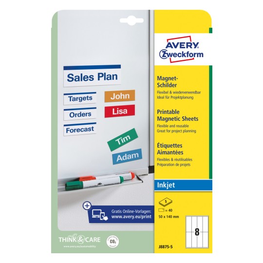 Opakowanie: Avery Zweckform tabliczki magnetyczne, artykuł: J8875-5, format: 50 x 140 mm, kompatybilność z drukarkami: Inkjet, zawartość: 40 etykiet / 5 arkuszy, 8 etykiet/arkusz.