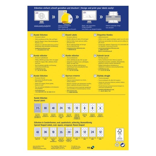 Obraz jest przewodnikiem do projektowania i drukowania etykiet, zawierającym okrągłe etykiety w różnych rozmiarach i opisy w wielu językach. Zawiera wskazówki, kod QR do uzyskania dostępu do oprogramowania oraz informacje kontaktowe dla wsparcia.