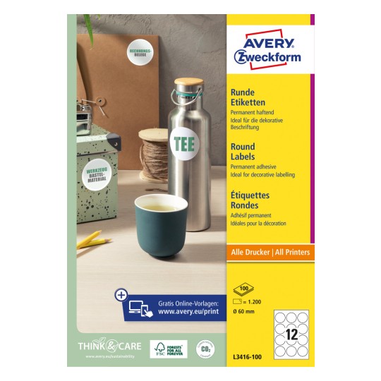 Opakowanie: Avery Zweckform Okrągłe Etykiety, Artykuł: L3416-100, Format: ⌀ 60 mm, Przeznaczenie do druku: Inkjet, Laser cz-b, Kolorowy laser, Zawartość: 1.200 etykiet / 100 arkuszy, 12 etykiet/arkusz