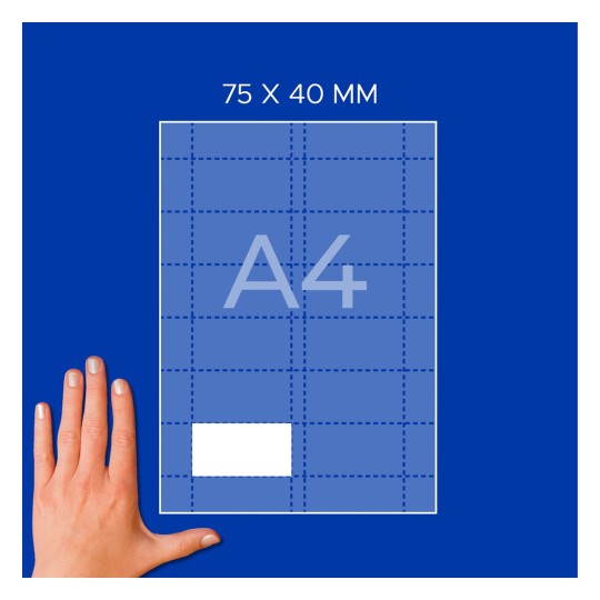 Dłoń obok diagramu arkusza A4 z siatką, białym prostokątem i etykietą „75 x 40 mm”?