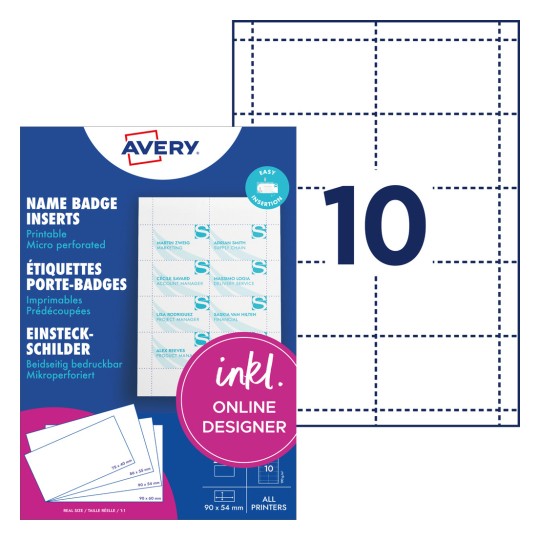 Opakowanie z arkuszem etykiet: Avery Zweckform, artykuł: L4727-20, wsuwane etykiety, format: 54 x 90 mm, odpowiednie do drukarek: Inkjet, kolorowe lasery, czarno-białe lasery, kopiarki, zawartość: 200 wsuwanych etykiet / 20 arkuszy, 10 kart/arkusz.