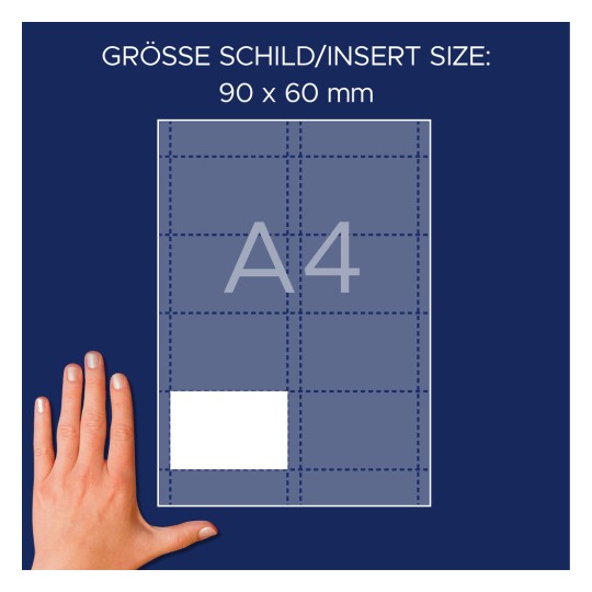 Porównanie rozmiaru z ręką, Artykuł: L4728-20, arkusz wsuwek, format: 60 x 90 mm, kolor: biały?