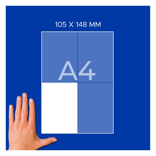 Dłoń obok diagramu papieru A4 z etykietą 105 x 148 mm i siatką ćwiartkową?