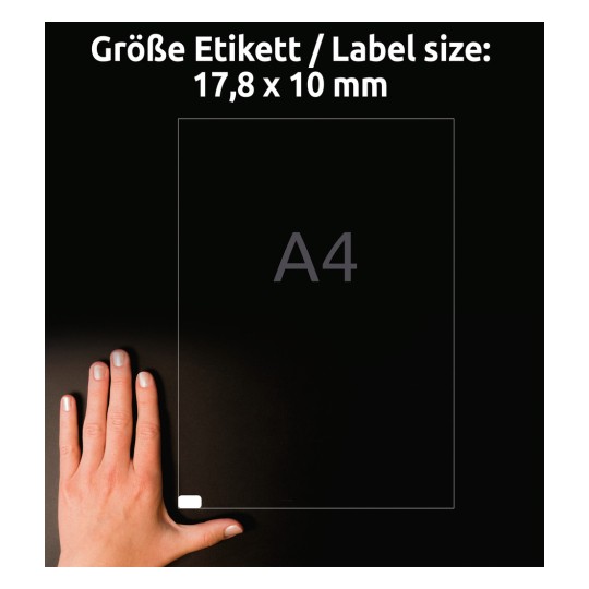 Porównanie rozmiaru z dłonią, Artykuł: L4730REV-10, jeden arkusz etykiet, odklejalny, Home Office, małe opakowanie, format: 17,8 x 10 mm, kolor: biały.