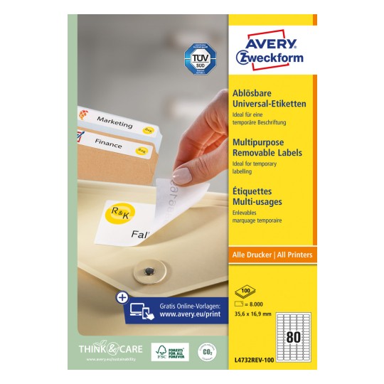 Opakowanie: Etykiety uniwersalne Avery Zweckform, usuwalne, artykuł: L4732REV-100, format: 35,6 x 16,9 mm, odpowiednie do druku: Inkjet, Laser czarno-biały, Laser kolorowy, zawartość: 8 000 etykiet / 100 arkuszy, 80 etykiet/arkusz.