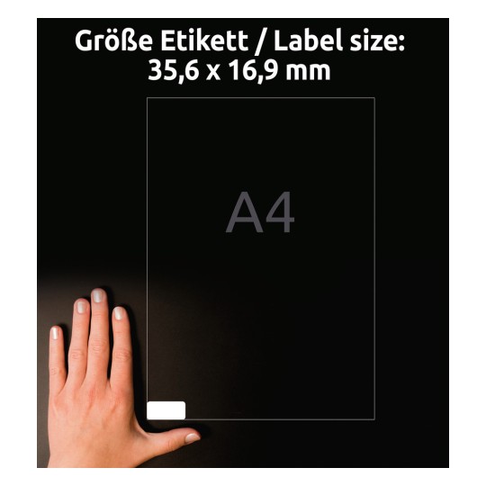 Porównanie rozmiaru z ręką, artykuł: L4732REV-25, jeden arkusz uniwersalnych etykiet, usuwalny, format: 35,6 x 16,9 mm, kolor: biały.