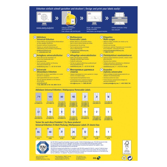 Dokument informacyjny na temat etykiet usuwalnych Avery, zawierający szczegóły dotyczące cech produktu, rozmiarów i instrukcji drukowania w wielu językach.