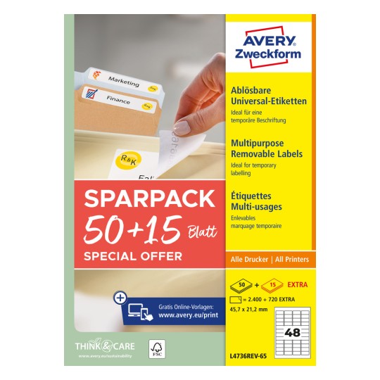 Opakowanie: Avery Zweckform Uniwersalne Etykiety, z możliwością odklejenia, artykuł: L4736REV-65, format: 45,7 x 21,2 mm, Zastosowanie w drukarkach: Inkjet, Laser czarno-biały, Laser kolorowy, Zawartość: 3.120 etykiet / 65 arkuszy, 48 etykiet/arkusz.