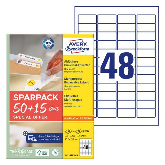 Opakowanie z arkuszem etykiet: Avery Zweckform Uniwersalne Etykiety, Produkt: L4736REV-65, Format: 45,7 x 21,2 mm, Do druku: Inkjet, Laser cz/b, Kolorowy laser, Zawartość: 3.120 etykiet / 65 arkuszy, 48 etykiet/arkusz.
