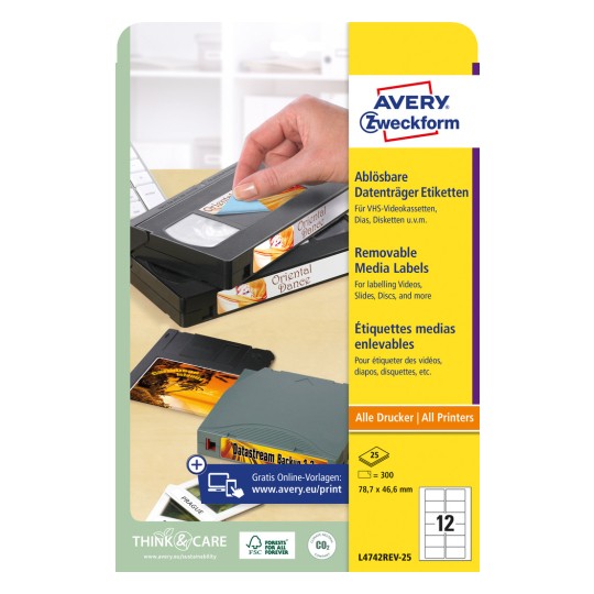 Opakowanie: Avery Zweckform Inne etykiety do nośników danych, Produkt: L4742REV-25, Format: 78,7 x 46,6 mm, Druk: atramentowe, laserowe czarno-białe, laser kolorowy, Zawartość: 300 etykiet / 25 arkuszy, 12 etykiet/arkusz.