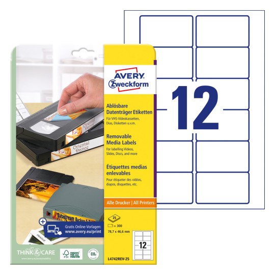 Opakowanie z arkuszem etykiet: etykiety Avery Zweckform do kaset VHS, artykuł: L4742REV-25, format: 78,7 x 46,6 mm, odpowiednie do drukarek: atramentowych, laserowych czarno-białych, kolorowych laserowych, zawartość: 300 etykiet / 25 arkuszy, 12 etykiet/arkusz.