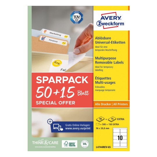 Opakowanie: Avery Zweckform Uniwersalne Etykiety, usuwalne, Artykuł: L4744REV-65, Format: 96 x 50,8 mm, Nadają się do druku: Inkjet, Laser cz-b, Kolorowy laser, Zawartość: 650 etykiet / 65 arkuszy, 10 etykiet/arkusz.