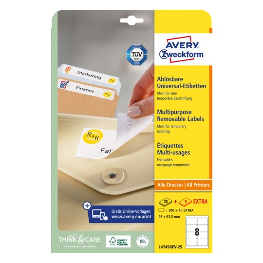 Opakowanie: Avery Zweckform Uniwersalne Etykiety, odlepne, Artykuł: L4745REV-25, Format: 96 x 63,5 mm, Pasujące do drukarek: Atramentowe, Laserowe czarno-białe, Kolorowe laserowe, Zawartość: 240 etykiet / 30 arkuszy, 8 etykiet/arkusz.
