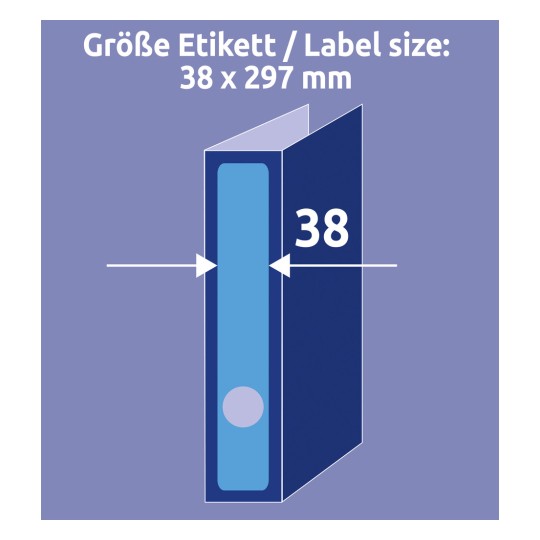 Porównanie rozmiaru z ręką, artykuł: L4749-20, jeden arkusz etykiet na segregatory, format: 38 x 297 mm, kolor: niebieski?