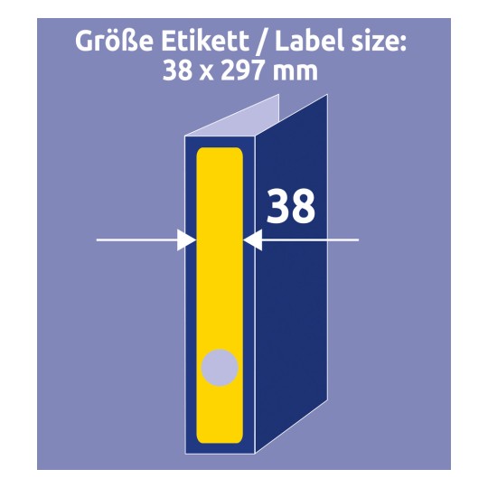 Porównanie rozmiaru z ręką, artykuł: L4751-20, jeden arkusz etykiet na segregatory, format: 38 x 297 mm, kolor: żółty.