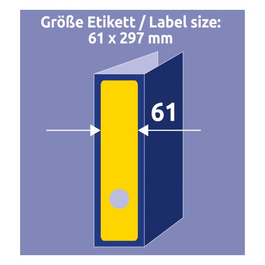 Porównanie rozmiarów z ręką, Artykuł: L4755-20, jeden arkusz etykiet na segregatory, format: 61 x 297 mm, kolor: żółty.