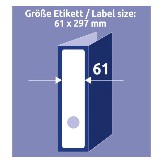Porównanie wielkości z ręką, artykuł: L4759-25, jeden arkusz etykiet na segregatory, format: 61 x 297 mm, kolor: biały.