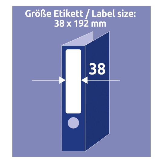 Porównanie rozmiaru z ręką, artykuł: L4760-25, jeden arkusz etykiet do segregatorów, format: 38 x 192 mm, kolor: biały.