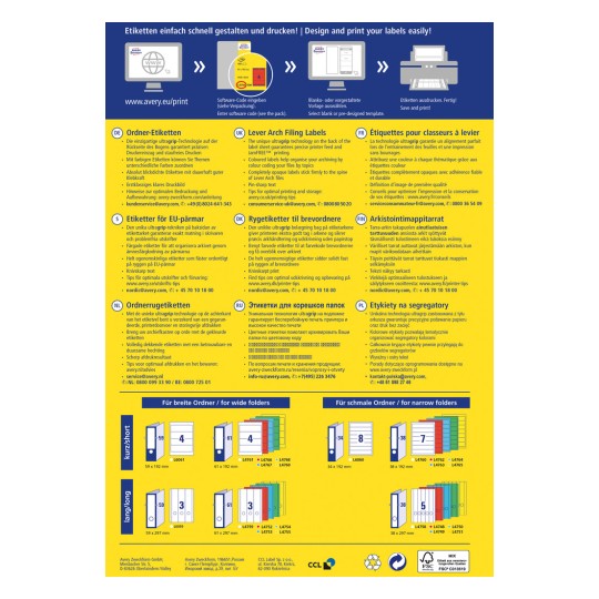 Ulotka informacyjna na temat produktów Avery do projektowania i drukowania etykiet. Zawiera instrukcje w wielu językach oraz kody produktów dla różnych rozmiarów etykiet do organizacji folderów.