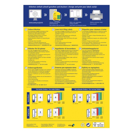 Obraz jest grafiką informacyjną na temat projektowania i drukowania etykiet, zawierającą instrukcje w wielu językach, w tym szczegóły dotyczące typów etykiet dla różnych rozmiarów folderów oraz porady dotyczące optymalnego użytkowania.