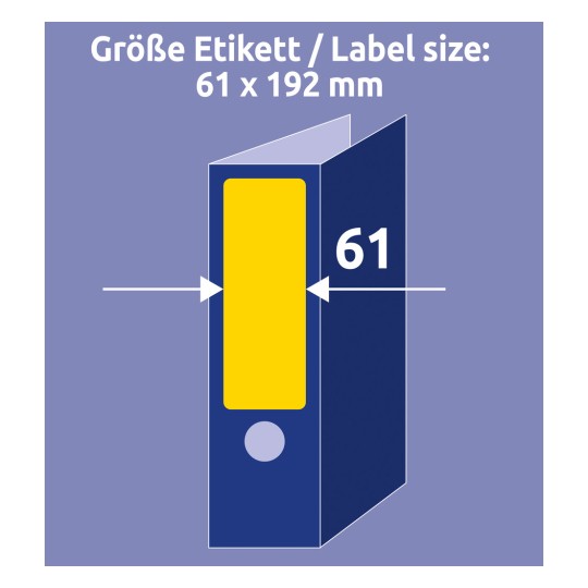 Porównanie rozmiaru z dłonią, artykuł: L4769-100, jeden arkusz etykiet na segregator, format: 61 x 192 mm, kolor: żółty?