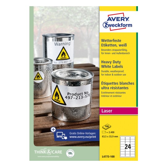 Opakowanie: Avery Zweckform odporne na warunki atmosferyczne etykiety foliowe do drukarek laserowych, artykuł: L4773-100, format: 63,5 x 33,9 mm, nadające się do druku: laser czarno-biały, laser kolorowy, zawartość: 2.400 etykiet / 100 arkuszy, 24 etykiety/arkusz.