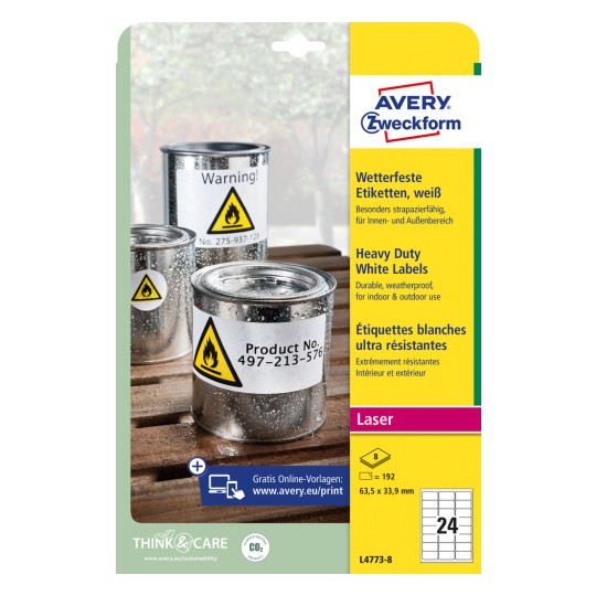 Obraz opakowania: Avery Zweckform Etykiety foliowe odporne na warunki atmosferyczne do drukarek laserowych, Artykuł: L4773-8, Format: 63,5 x 33,9 mm, Zastosowanie drukarki: Laser czarno-biały, kolorowy laser, Zawartość: 192 etykiety / 8 arkuszy, 24 etykiety/arkusz.