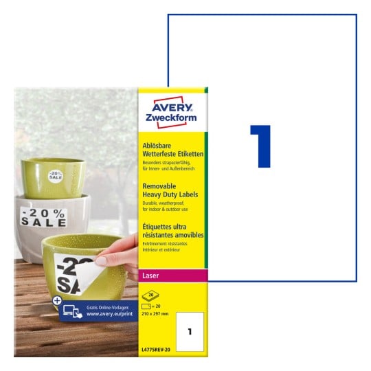 Opakowanie z arkuszem etykiet: Avery Zweckform Etykiety odporne na warunki atmosferyczne, zmywalne, artykuł: L4775REV-20, format: 210 x 297 mm, nadające się do drukarek: laser czarno-biały, kolorowy laser, zawartość: 20 etykiet / 20 arkuszy, 1 etykieta/arkusz.
