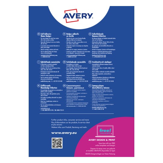 Obraz zawiera informacje o samoprzylepnych identyfikatorach Avery, zawierające szczegóły w różnych językach dotyczące ich użycia, projektu i wskazówek dotyczących drukowania. Promuje produkty i zawiera dane kontaktowe do obsługi klienta.