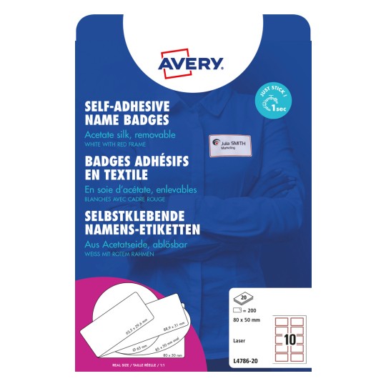 Opakowanie: Avery Zweckform, Artykuł: L4786-20, Format: 80 x 50 mm, Zastosowanie w drukarce: laser czarno-biały, kolorowy laser, Zawartość: 200 etykiet / 20 arkuszy, /arkusz?