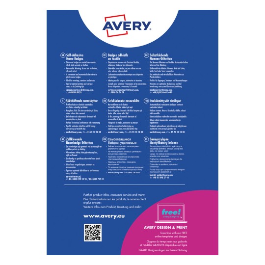 Obraz zawiera informacje o samoprzylepnych plakietkach imiennych Avery w różnych językach. Obejmuje szczegóły dotyczące zastosowań, wskazówek dotyczących drukowania i przechowywania oraz informacje kontaktowe obsługi klienta.