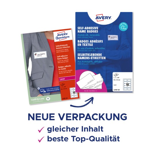 Obraz przedstawia dwa opakowania samoprzylepnych plakietek imiennych firmy Avery, ukazujące ich szczegóły i branding, wraz z informacjami o produkcie w języku niemieckim.