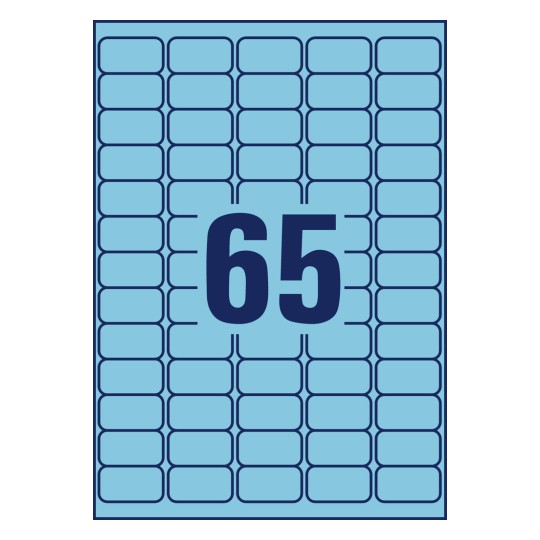 Rysunek sztancowy pojedynczego arkusza A4, Artykuł: L4791-20, Kolorowe etykiety, odklejalne, Format: 38,1 x 21,2 mm, 65 etykiet/arkusz.